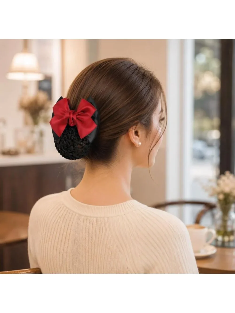 Chic Red Satin Bow Snood & Barrette Set | Non-Slip Mesh Hair Clips for Women